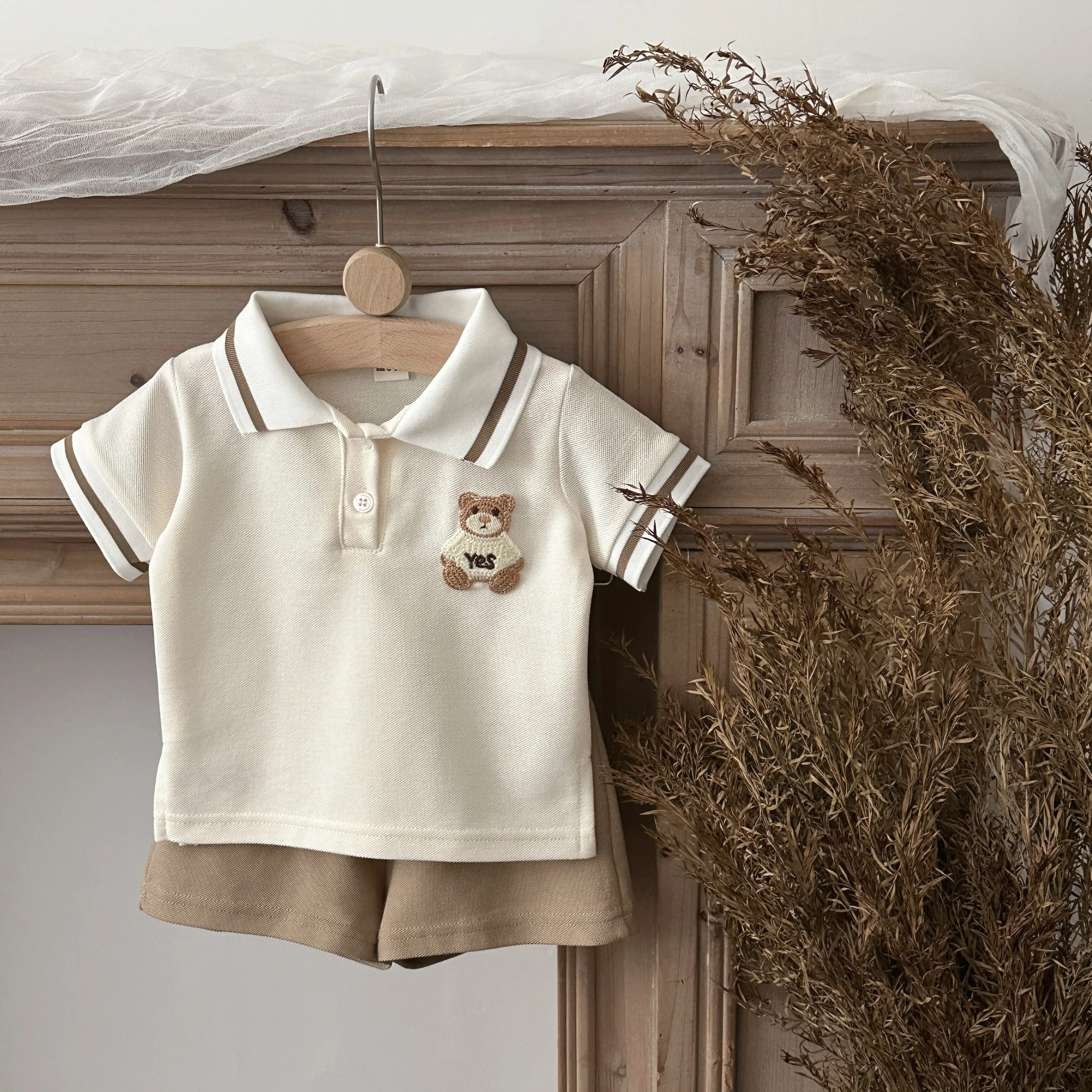 0-3Y Summer Baby Boy Girl 2PCS Bear Decoration Casual Set Lapel Striped Short Sleeve Top+shorts Cotton Children's Clothing 4