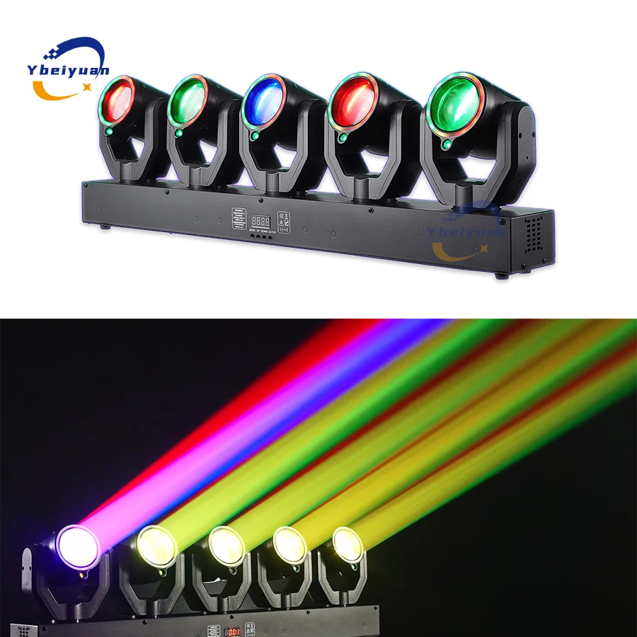 5-Head XY Rotating 180W LED Moving Head Beam DJ Disco Light DMX512 Voice Control RGBW Beam + Green Laser for Party Bar Christmas