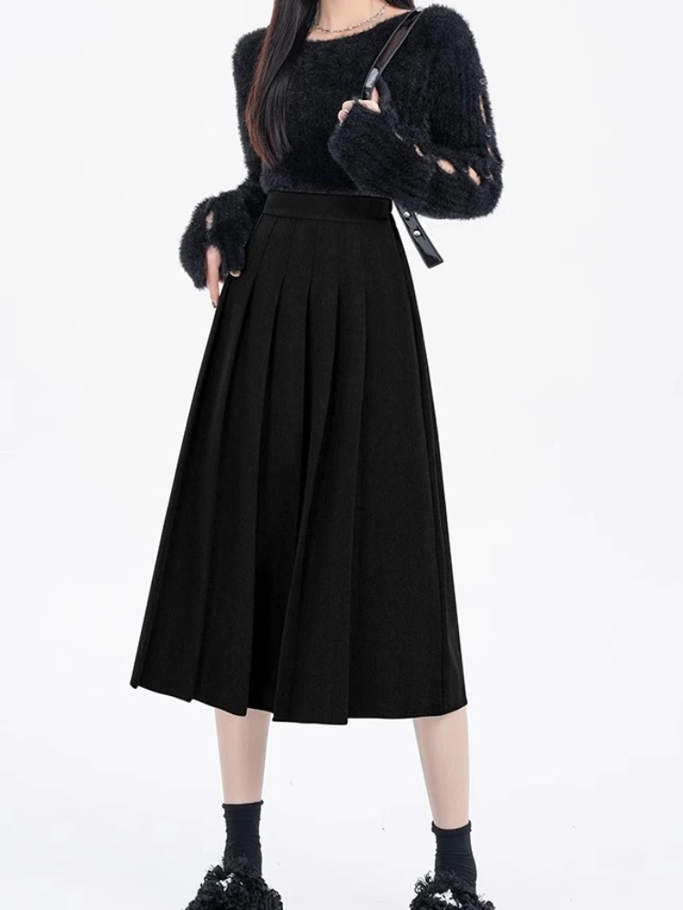 HOUZHOU Winter Long Skirt Women Preppy Style Elastic Waist A-line Slim Korea Dongdaemun 2023 Fashion Pleated Woolen School Skirt