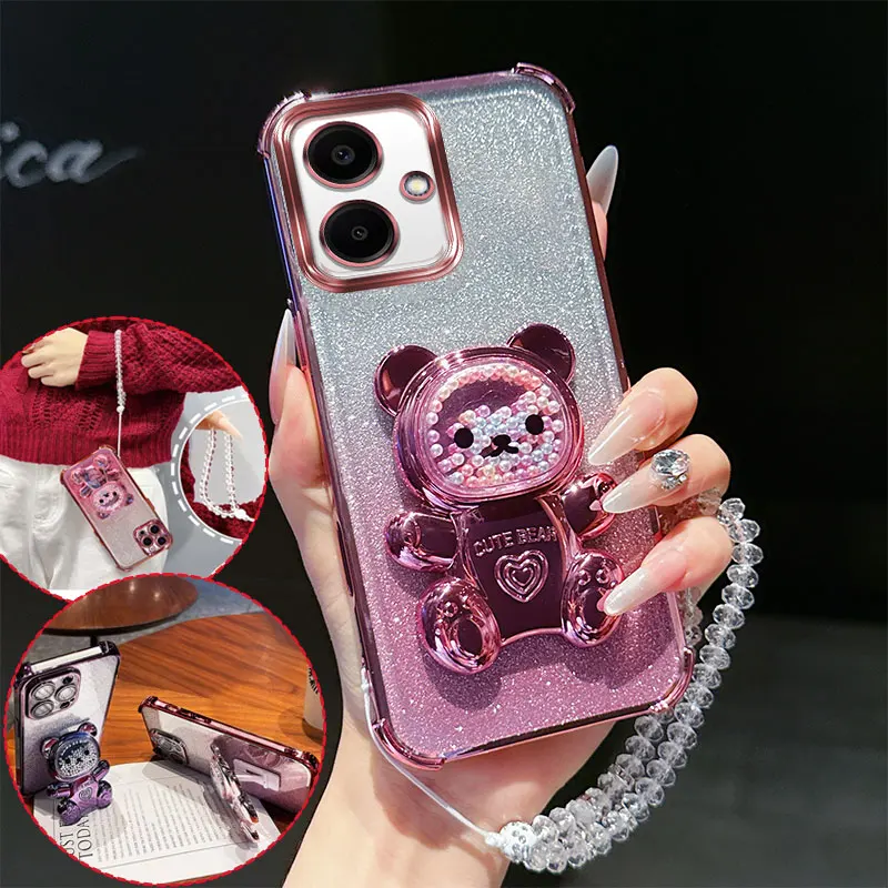 Shockproof Transparent Phone Case with 3D Bear Stand and Glitter Chain Lanyard