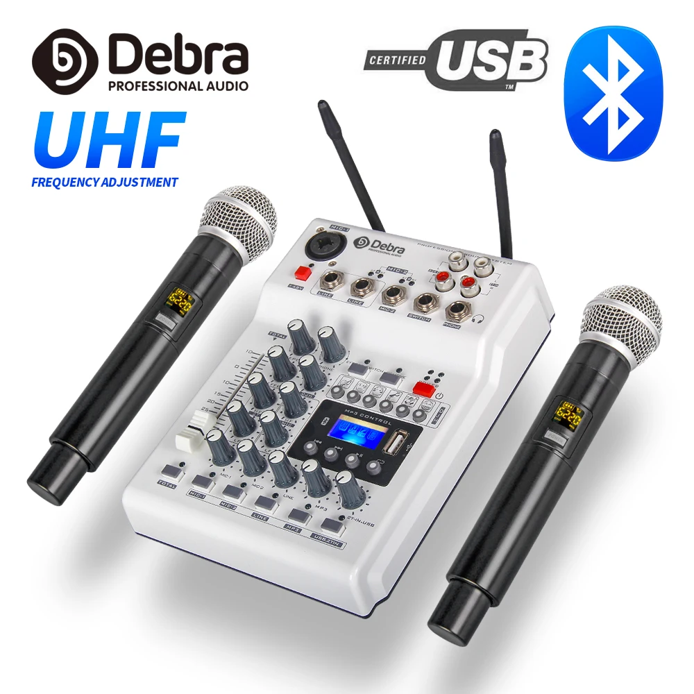 데브라 MM-02 오디오 사운드 카드 DJ 믹서, 믹서, 컴퓨터 녹음, 웹캐스팅, 밴드용 듀얼 채널 UHF 무선 마이크