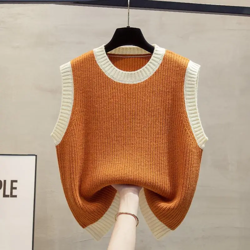

2024 Spring Autumn Women's New O-neck Sleeveless Tops Female Loose Knitted Vest Ladies Contrast Color Casual Tank Tops H01