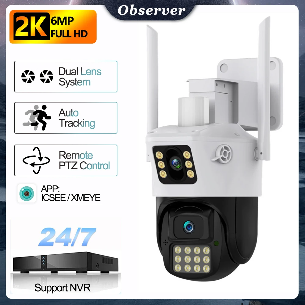 

2K 4MP Wifi Camera Outdoor PTZ Dual-Lens Dual-Screen CCTV Humanoid Detection Auto Tracking Onvif Surveillance Camera ICSee App