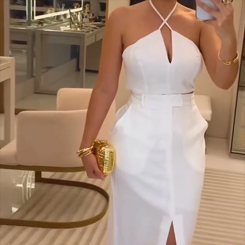Waytobele Women 2 Piece Set Casual Solid Halter Neck Lace Up Backless High Waist Top Slit Slim With Pockets Long Skirt Sets