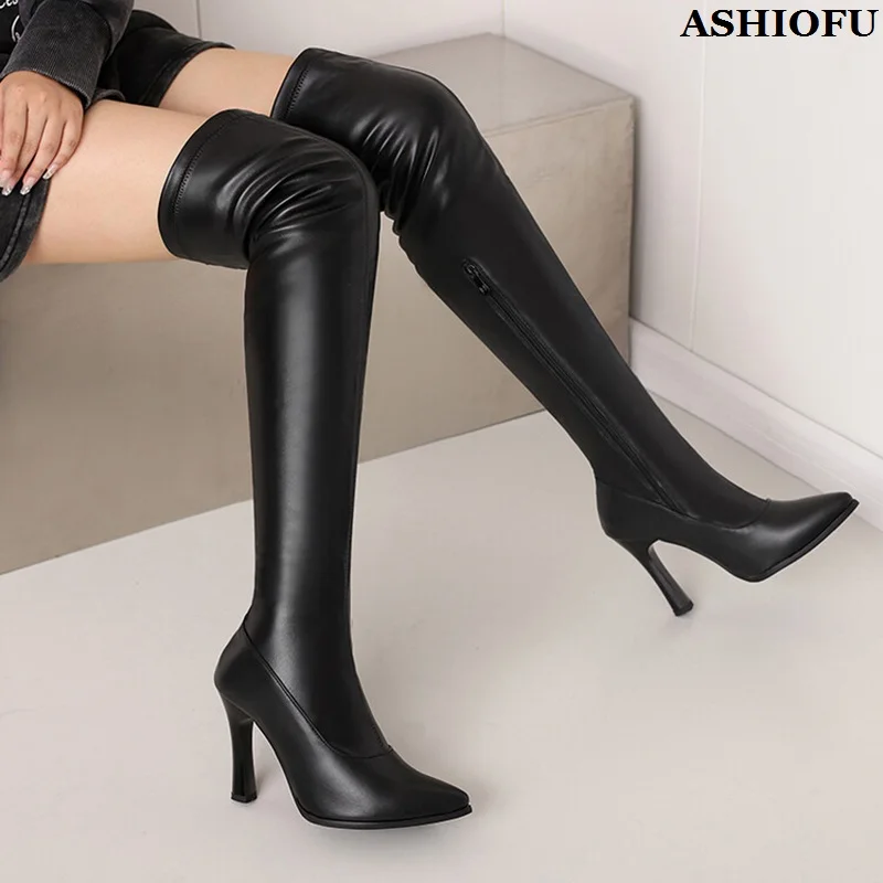 

ASHIOFU Handmade New Arrival Womens High Heels Boots Large Size 35-47 Three Colors Over Knee Boots Evening Fashion Party Shoes