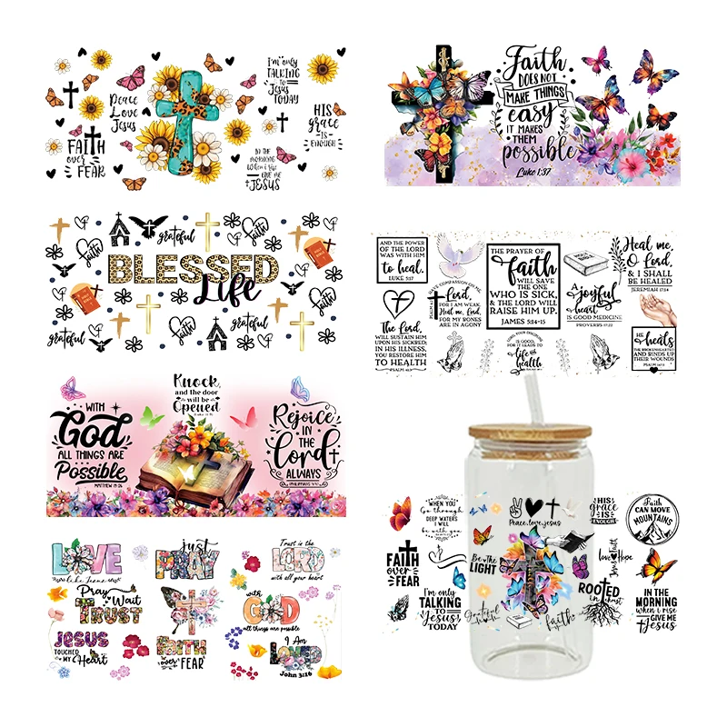Christian Bible Faith Cross Design UV DTF Transfer Sticker WaterproofDecals For 16oz Libbey Glass Can Cup Wrap D7735 dtf transfer sticker