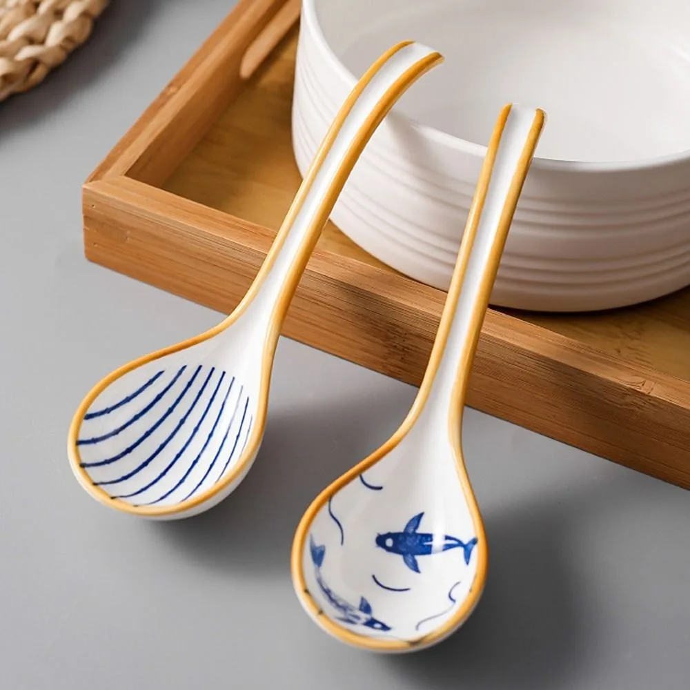 Soup Spoon Japanese Exquisite Blue Pattern Ceramic Soup Spoon Long Handle Spoon Noodle Soup Dumpling Wonton Rice Tableware