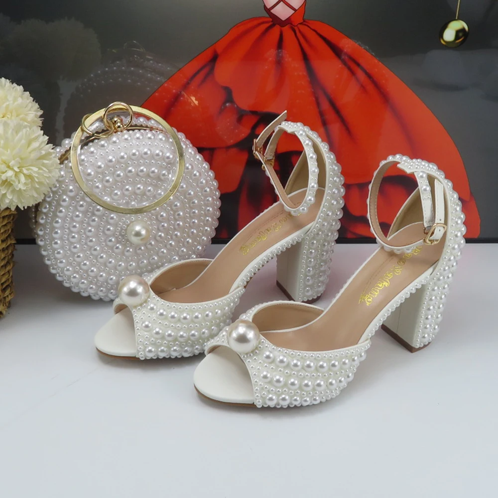

Open Toe White Pearl Bridal Shoes and bag Fashion Fish Toe Summer Sandals Woman Ankle Strap Wedding Party Shoes Bag Thick Heel