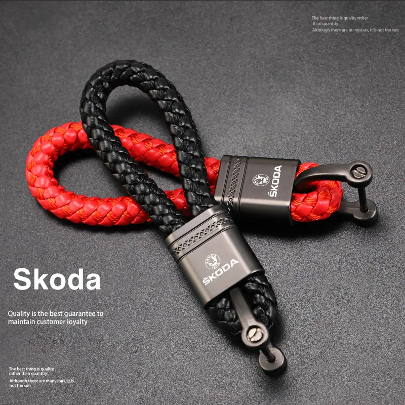 Car Styling Keychain Leather Woven Rope Metal Key Ring For Skoda