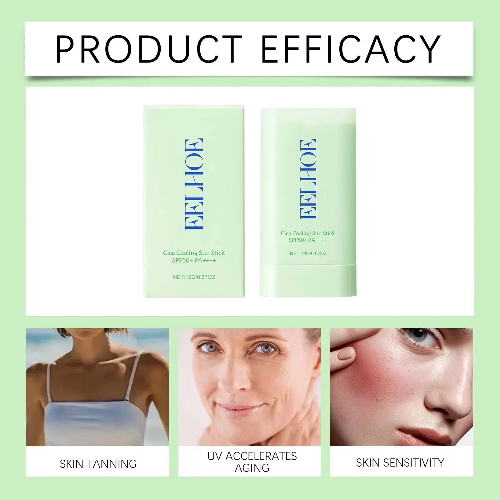 EELHOE Centella Sunscreen Spf50 Refreshing Sun Protective Cream Anti Sunburn Moisturizing Sunscreen Skin Care UV Stick