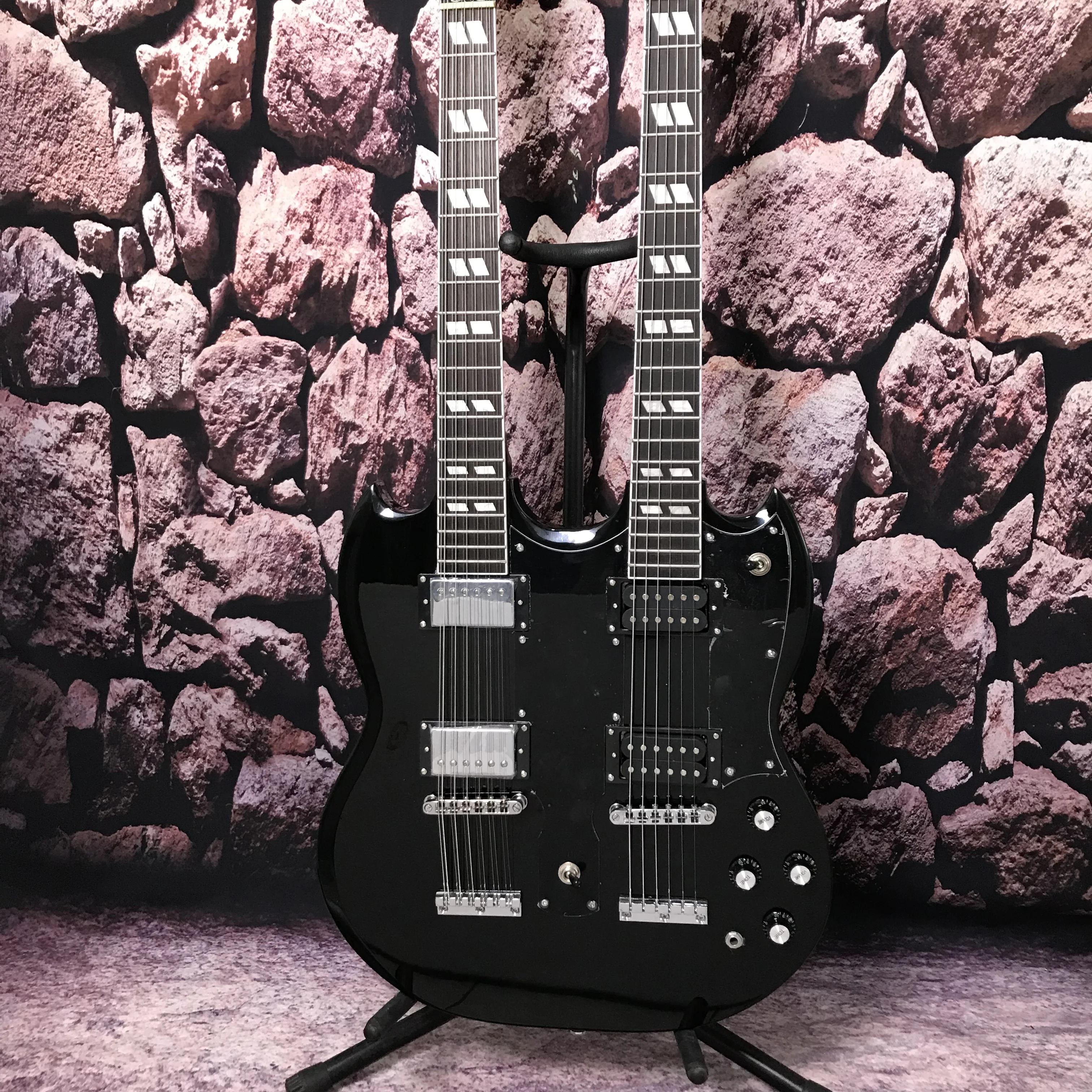 Factory customization electric guitar S G double neck 12+6 strings hot sale mahogany