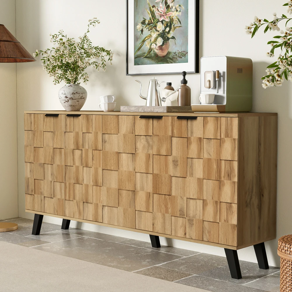 PINGGO Modernes 4-Türiges Sideboard 160,5x35,5x78cm Praktische Aufbewahrungslösung für Wohnzimmer, Schlafzimmer und Esszimmer – Detail 6
