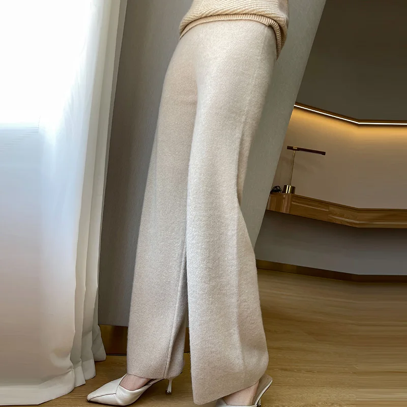 Jueqi Autumn and Winter New Women's Four Cashmere Flat Knitted Pants 100% Pure Wool Wide Leg Pants MX-23602