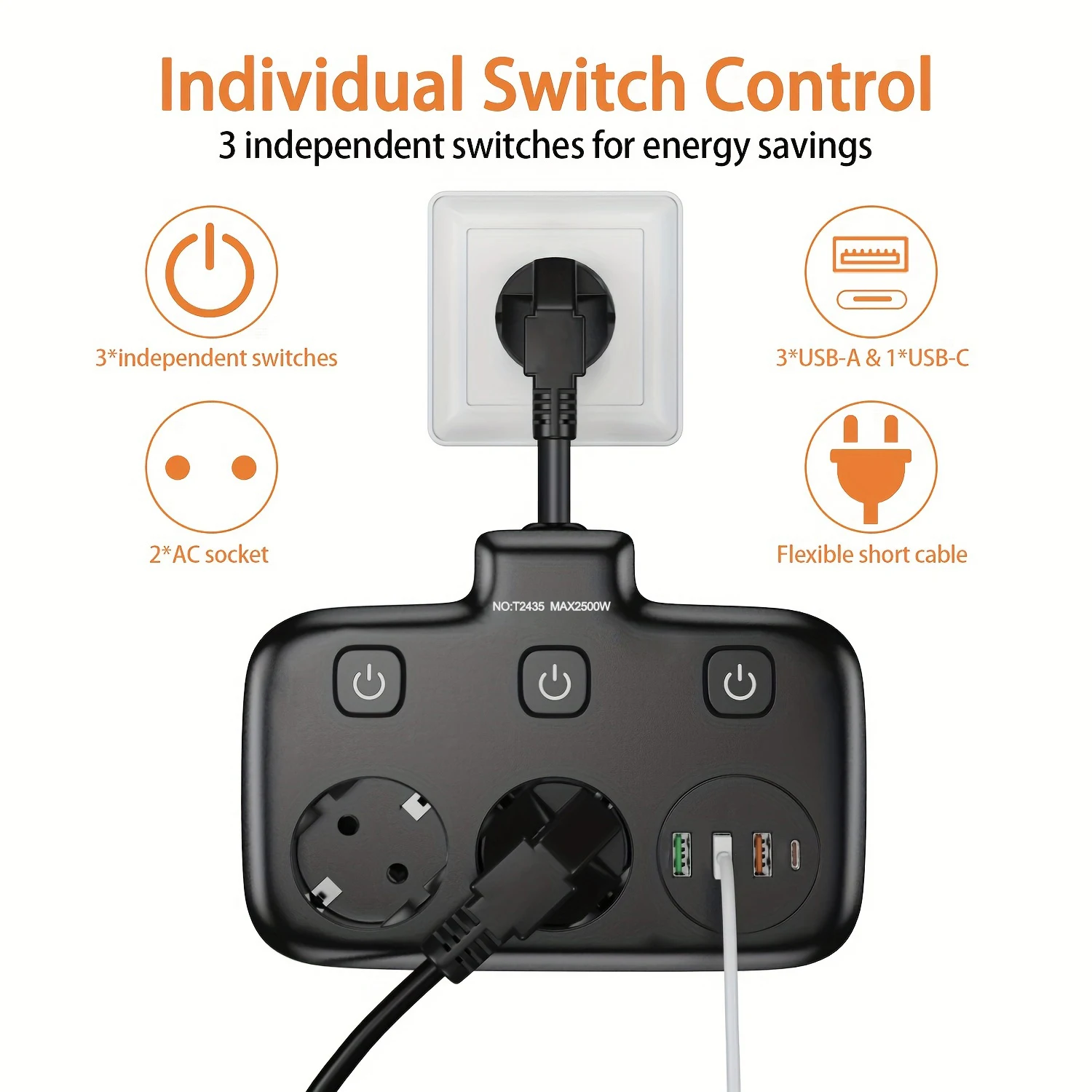 Power strip EU KR Plug Power Strip AC Outlets Multitap Electrical Wall Socket Extension Cord USB C Ports Fast Charging Network Filter