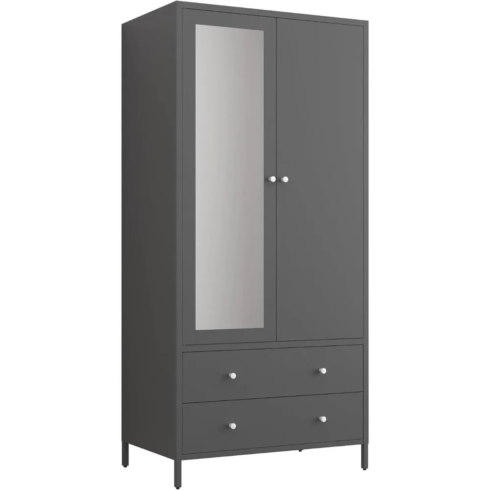 Metal Armoire Wardrobe Closet with 2 Drawers, Mirror Door and Hanging Rod, Metal Clothing Storage Cabinet, Wardrobes 6