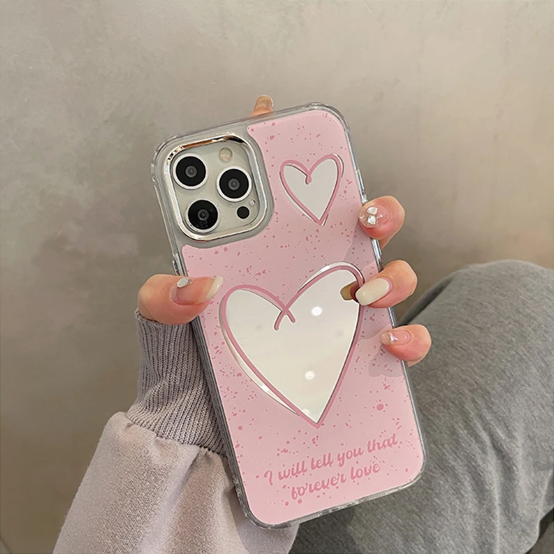 Coque de téléphone avec miroir et cœur pour fille, étui arrière