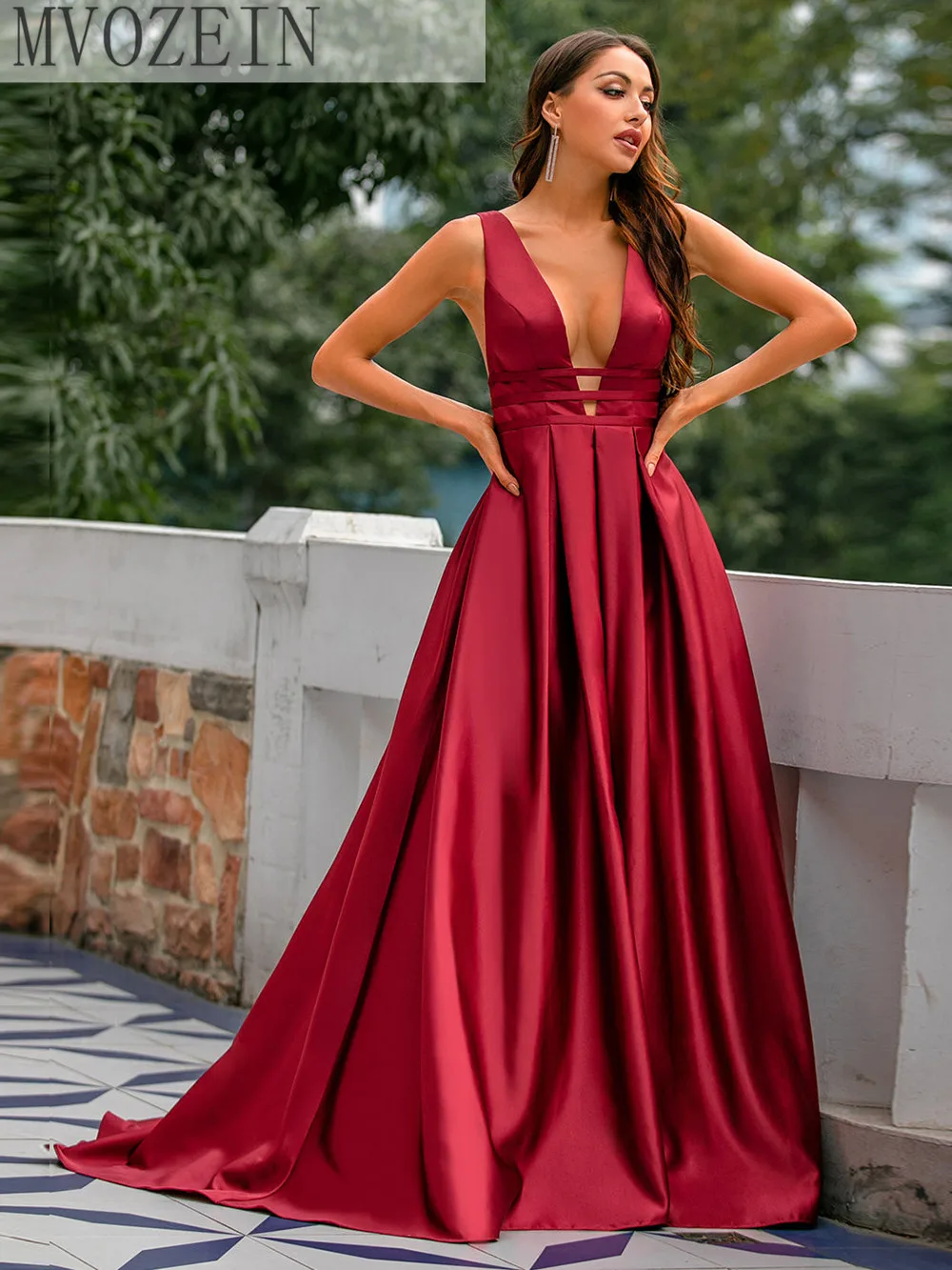 

Sexy Deep V-Neck Red Party Dress Winter Evening Dresses A-Line Satin Prom Dresses Long Elegant Evening Gown Robe De Soiree