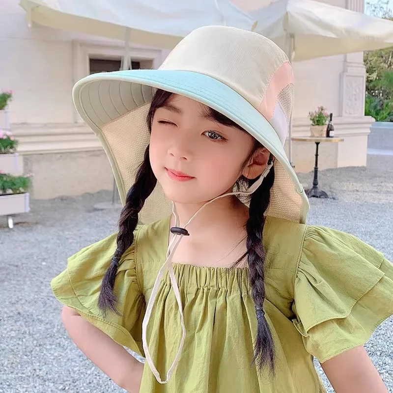 Summer Baby Sun Hat with Neck Flap UV Protection Strap Wide Brim Beach Hats Kids Bucket Hat Cap for Boys Girls Outdoor baby hat kids sun hat kids bucket hat
