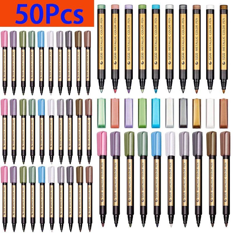 

50Pcs Colored Highlighters Waterproof Metallic Marker Pens White Paperboard Kraft Paper Photo Albums Diy Decoration