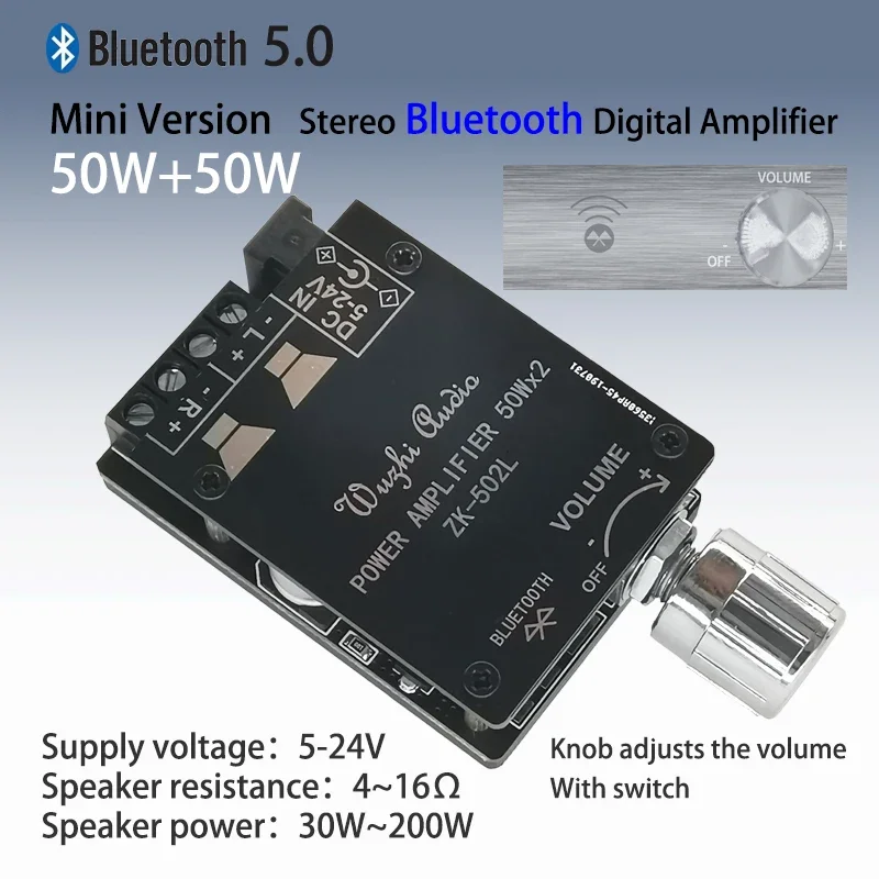 

2*50W Bluetooth 5.0 Power Amplifier Board Digital Audio HiFi Stereo Dual Channel Class D AMP for Speakers 30W~200W