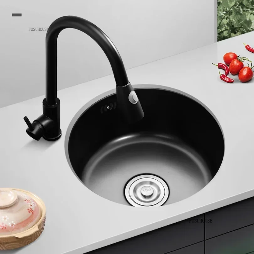 Black Nano Kitchen Sink Round Undermount Single Slot Small Sink 304 Stainless Steel Bar Balcony Washbasin For Kitchen