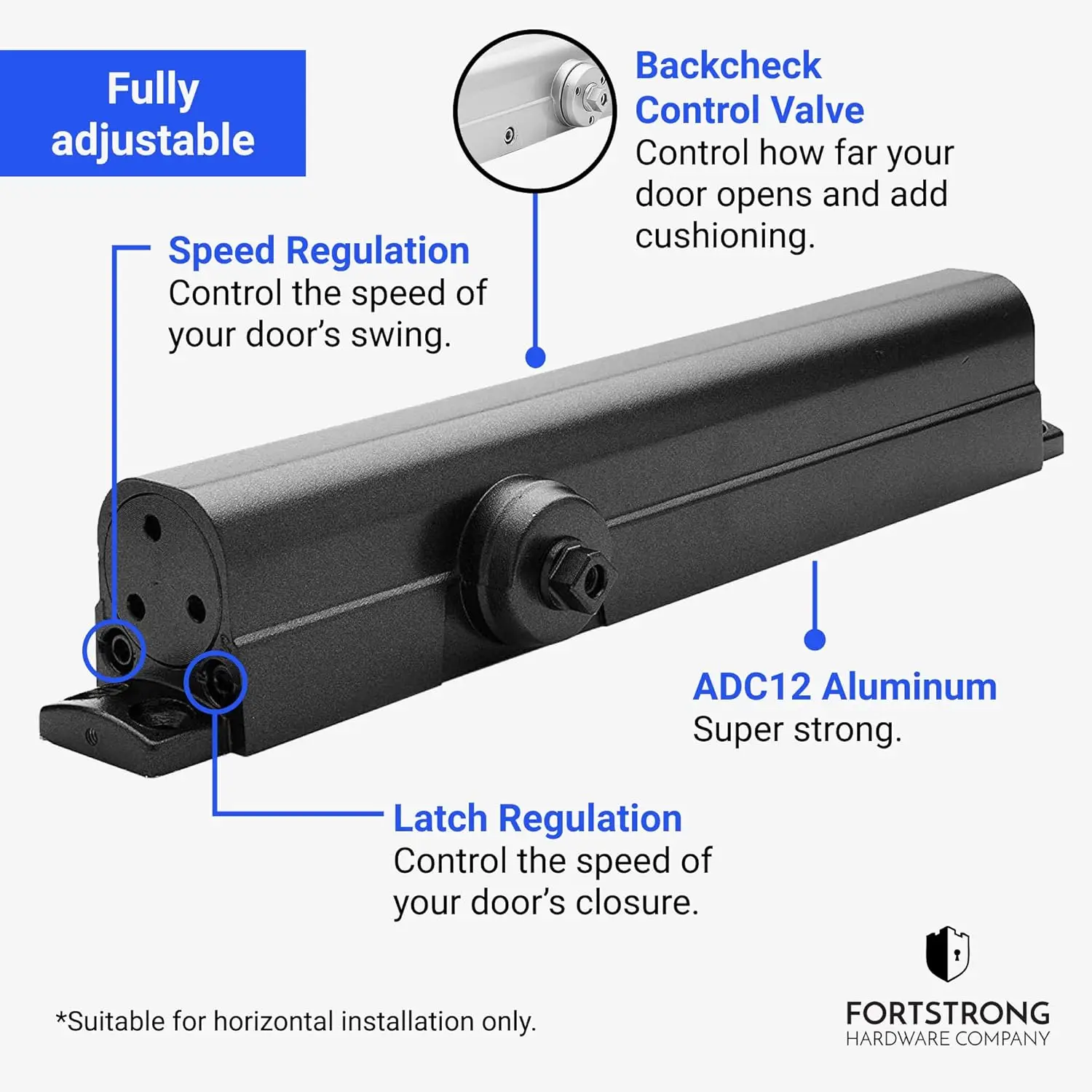 Heavy Duty Commercial Door Closer - Automatic ADA Compliant Grade 1 Hydraulic Door Closer in Black