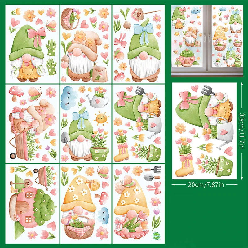 9 Sheets Spring Gnome Static Window Sticker Double Sided Faceless Doll Window Decals Stickers Party Supplies Home Decor