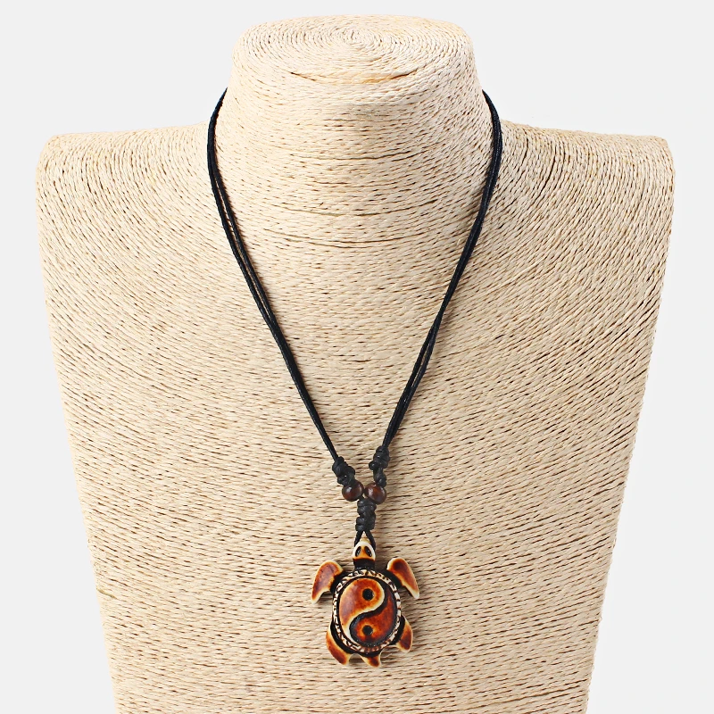 12pcs/lot Tai Chi Pattern Sea Turtle Pendant Necklace Ethnic Tribal Faux Yak Bone Carving Necklaces Vintage Jewelry Wholesale