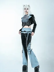 New Spring Autumn Streetwear Harajuku Punk Gothic Hot Girl Black Blue Bandage Stitching Denim Pants Fashion High Waist Slim Pant