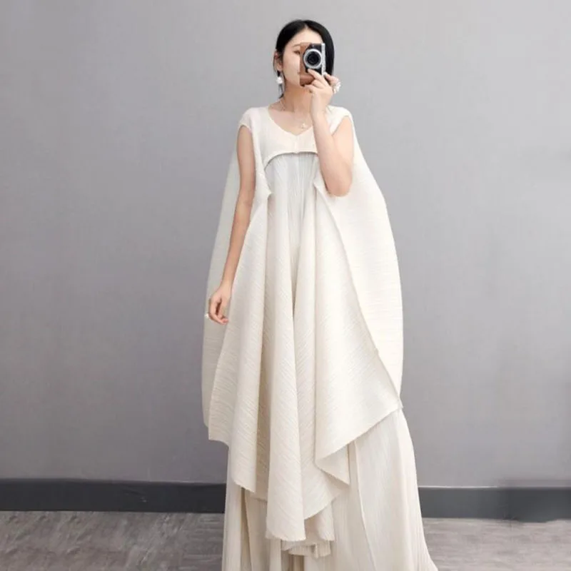 

Woman Pleated Maxi Dress Oversized Solid Pullover Drawstring High Elastic Casual Style Dresses Summer Fashion