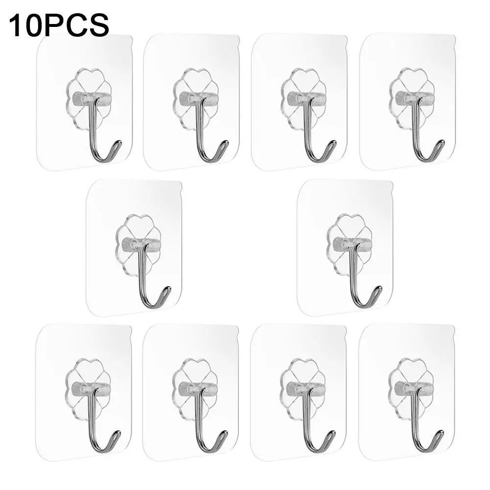 

10pcs Transparent Non Punching Hook with No Marks Strong Adhesive Hook Bathroom Living Room Wall Hanging Door Self-adhesive Hook