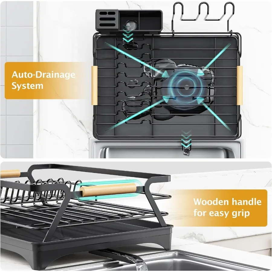 Dish Drying Rack for Kitchen CounterSpaceSaving Dish Rack Rustproof Dish Drainer with Utensil Holder and Knife Slots for Sink K