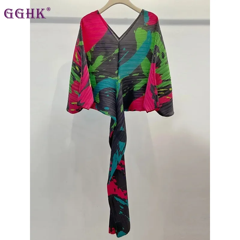 

GGHK Miyake Pleated Batwing Sleeve Printed Dress V-Neck Elegant Evening Party Dresses 2024 New Sexy Birthday Outfit Women