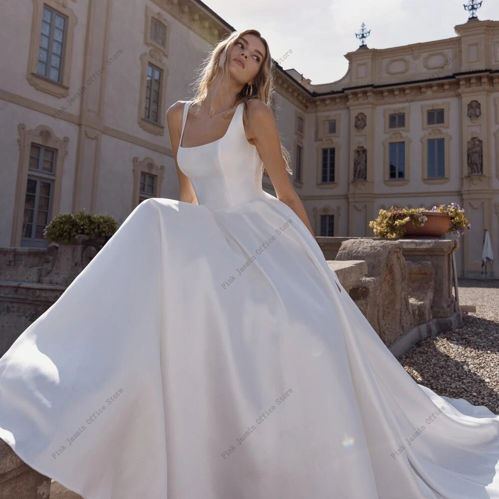 Classic Square Neck Wide Straps Wedding Dresses Sleeveless Open Back Beading Pearls Satin A Line Floor Length Vestidos De Novia 4