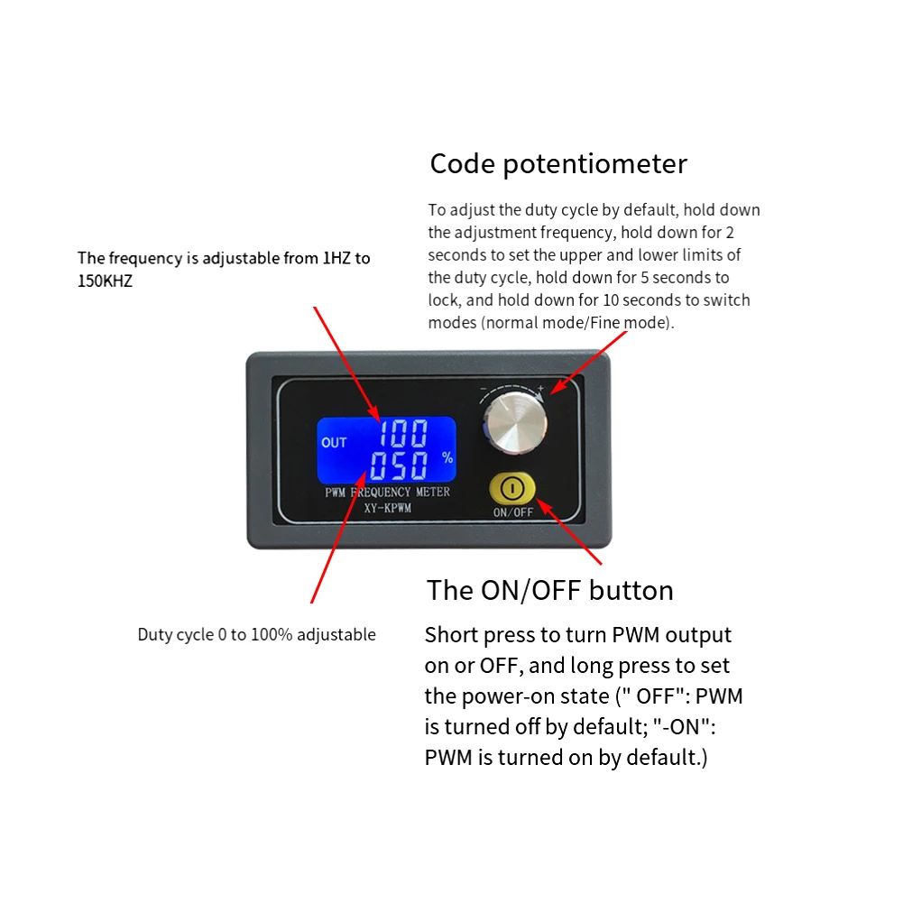 XY-KPWM Signal Generator PWM Frequency Meter DC 3.3V-30V 5-30mA 1Hz-150kHz Adjustable Pulse Duty Cycle LCD Display 2