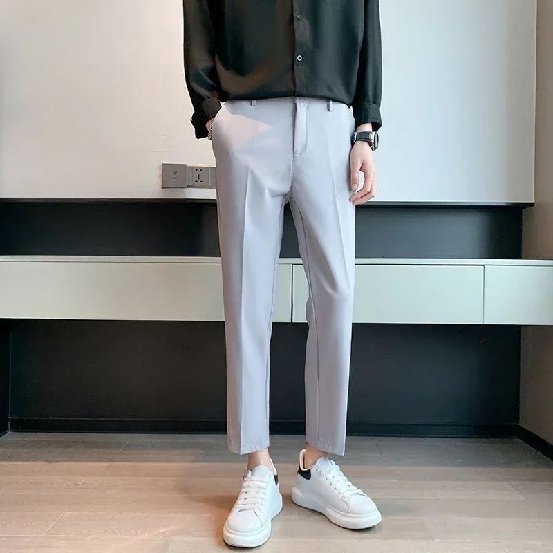 thumbnail image 1 of Pantalones de verano negros para hombre, pantalones de traje fluidos drapeados para hombre, 9 reseñas de ropa de diseñador recortada, muchos pantalones de moda, sastrería, 1 of 5