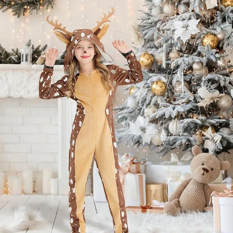 Kids Reindeer Costume Girls Deer Costume Unisex Crystal Velvet Warm Christmas Onesie For Role Play Party Cosplay Pajamas