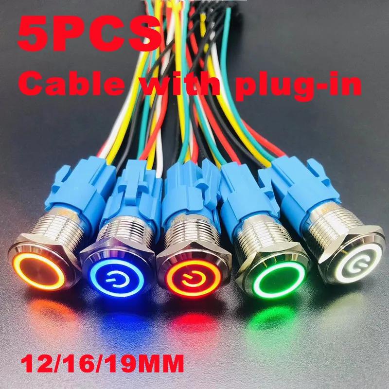 Impermeável Metal Botão Switches Interruptor de Alimentação do Motor do Carro Reconjunto com Conectores Fio Luzes Led Bloqueio Rápido 12 mm 16 mm 19 mm Pcs