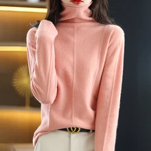 

100% Pure Australian Wool Women's Sweater Spring And Autumn Thin Section High Neck Vertical Strip Loose Knitted All-Match Top