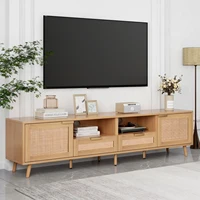 Rattan TV Stand for TVs up to 85'', Modern Farmhouse Media Console, Entertainment Center with Solid Wood Legs, TV Cabinet for Li 1