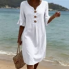 2026 Amazon European and American Cross-Border Spring and Summer New Cotton and Linen V-Neck Dress with Large Buttons and Ruffle 1