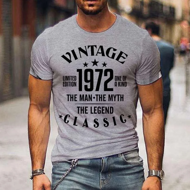 Фото Винтажные классические мужские футболки 1972 The Myth The Legend, летняя футболка, Женские повседневные топы с коротким рукавом и круглым вырезом №5
