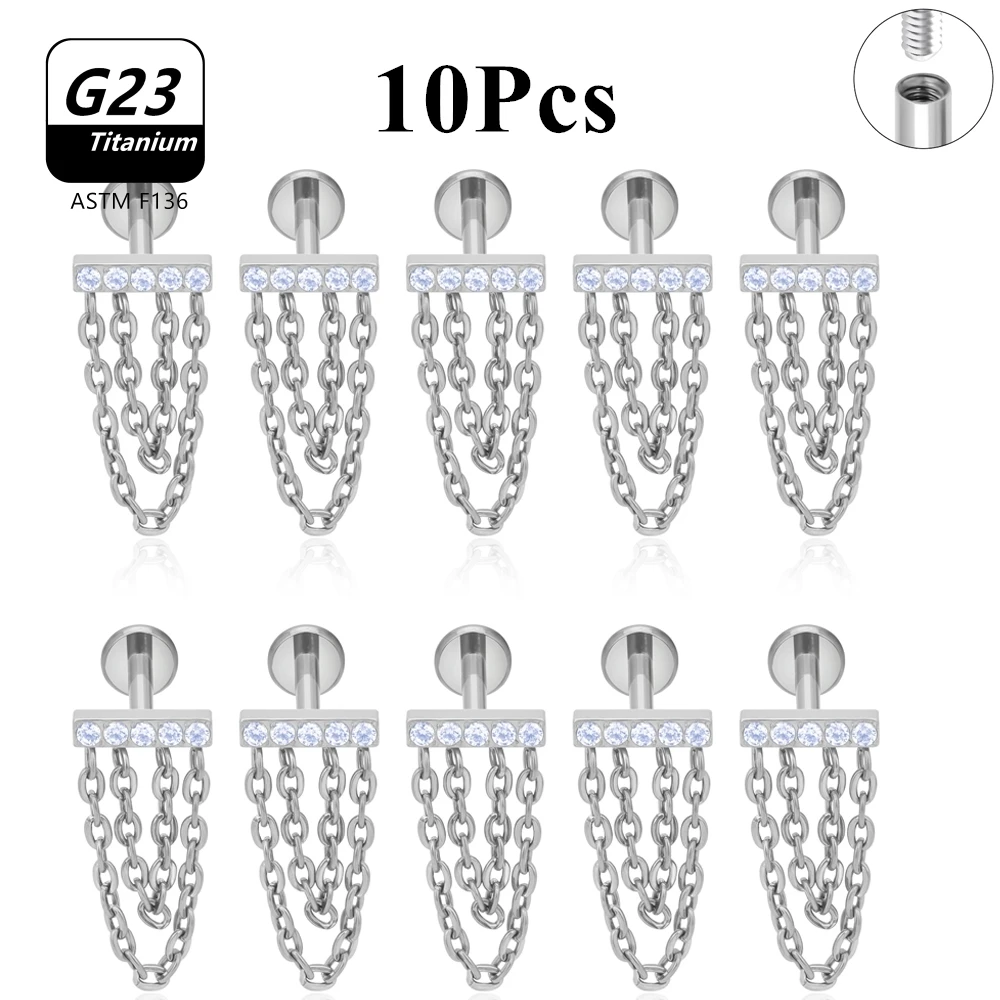 10Pcs ASTM F136 Titanium Piercing Tassel Lip Ring Labret Internally Threaded Earring Helix Cartilage Tragus Chain Earrings