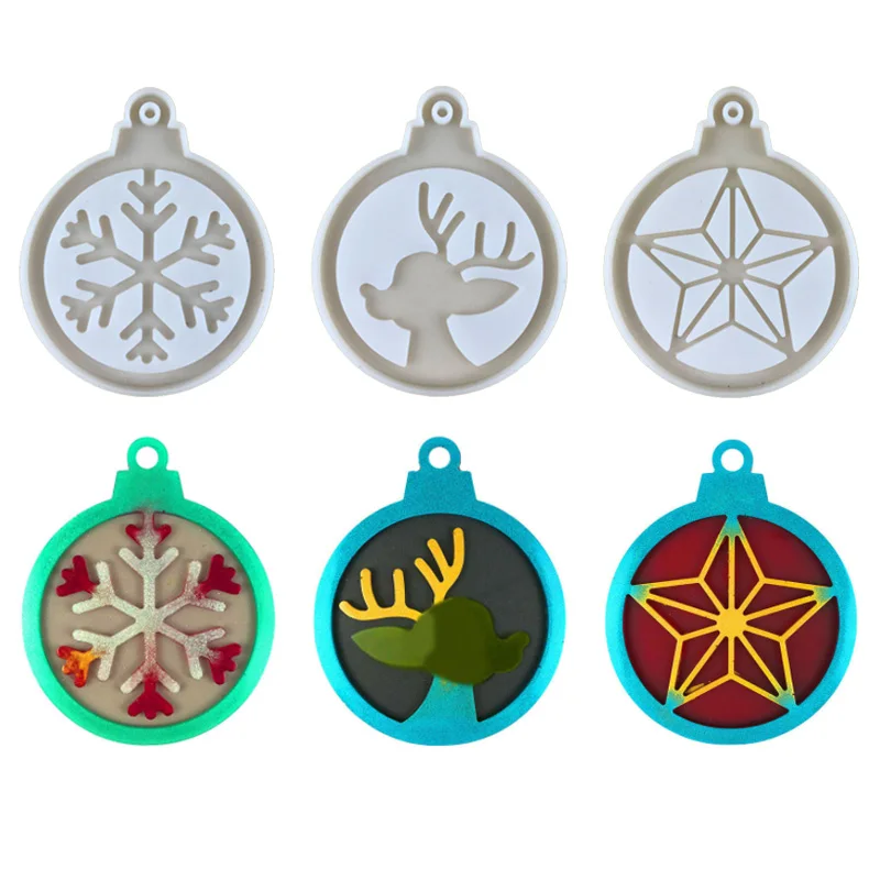 Round Christmas Decoration Silicone Mold DIY Christmas Elk Snowflake Star Keychain Pendant Epoxy Mold Christmas Supplies silicone snowflake epoxy resin molds pendant silicone casting resin mold for diy jewelry making findings supplies accessories