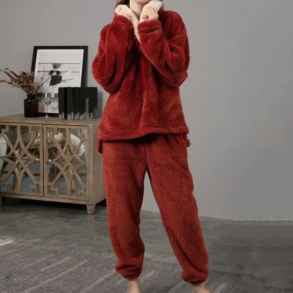 

Long Winter Pants Women's With Fluffy Pijama Warm New Fleece Thick Female Solid Sleeve for Woman Home Pajama Clothes Suit Sets