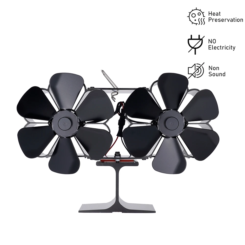 

Outdoor Camping Heater Double Head 12 Blades Heat Powered Stove Fan Black Fireplace Fan Wood Burner Eco Quiet Fan Winter Warmer