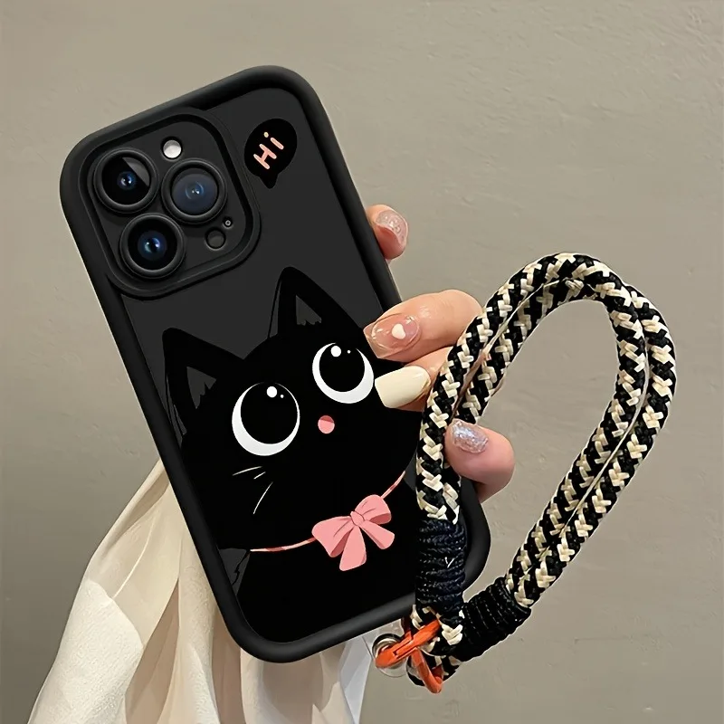 Charming Black Cat Silicone Phone Case with Hang Strap - Soft Protective Cover