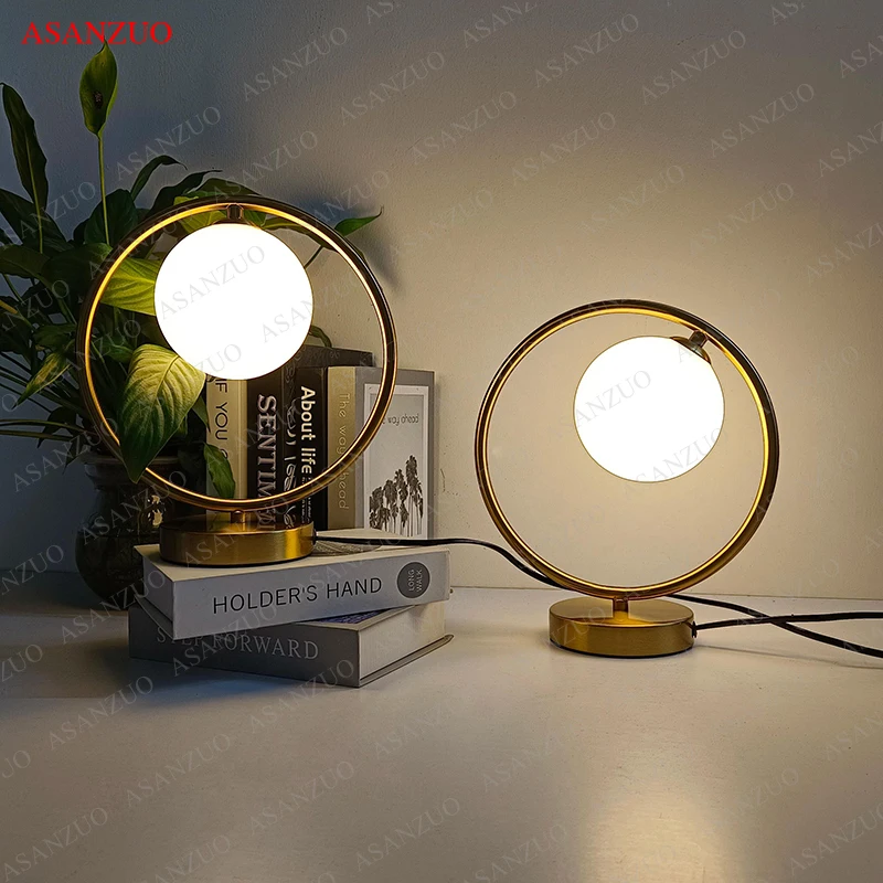 모던 LED 테이블 램프, 황동 유리 조명, 침대 옆 독서 책상 램프, 고정 장치, 침실 호텔 홈 장식, 라운드 링 책상 조명