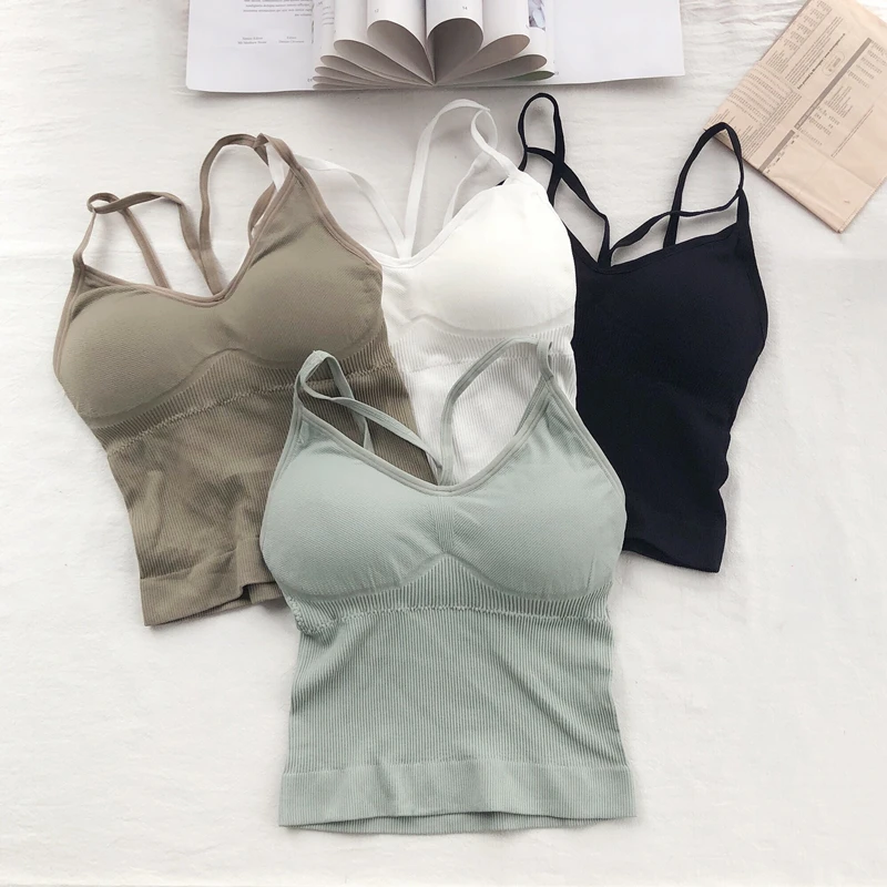 

Women's Underwear Seamless Body-fitting Vest Wrapped Detachable Chest Pad Cut Top Elastic Sexy Cross Open Back V-neck Vest Bra