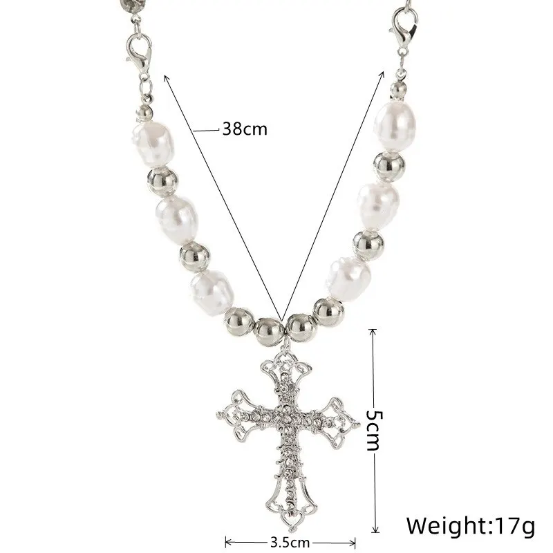 1pcs Faux White Gold-color pendant necklaces Hip Hop Punk Cross Pendant Handmade Wear Faux Pearls Colla